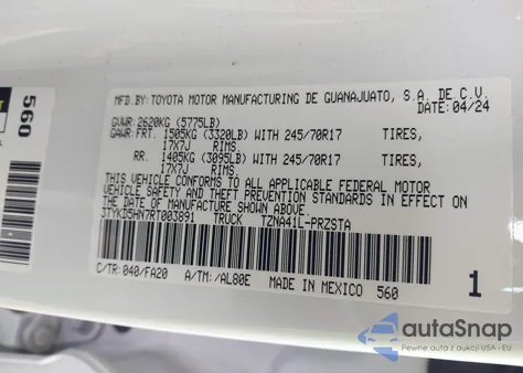 2024 Toyota Tacoma Sr z USA, uszkodzony, nr VIN 3TYKD5HN7RT003891